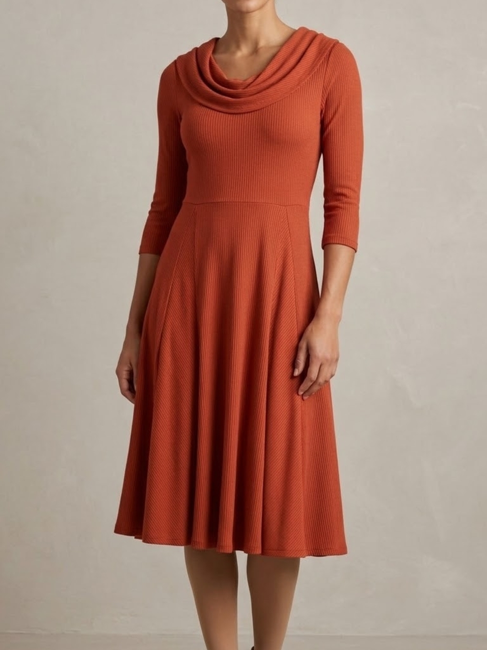 Laura Scott Burnt Orange Ribbed Cowl-Neck Midi Dress
